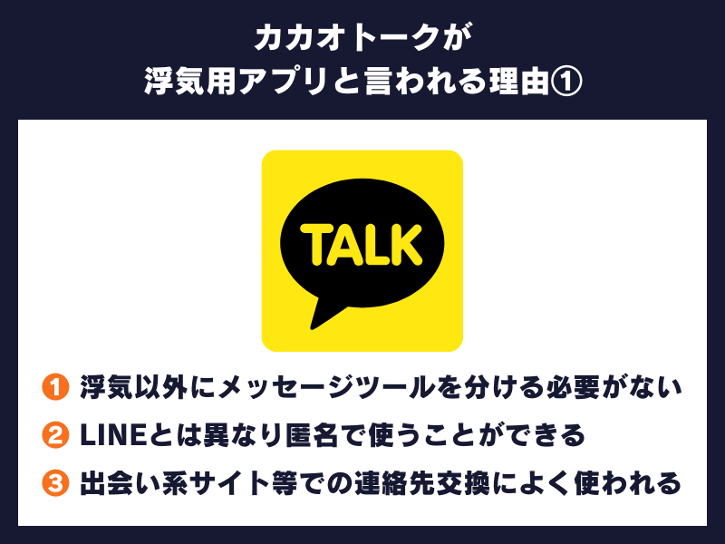 カカオトークが浮気用アプリと言われる理由①
・そもそも浮気以外にメッセージツールを分ける必要がない(LINEで事足りる)
・LINEとは異なり匿名で使うことができる
・出会い系サイト等での連絡先交換によく使われる